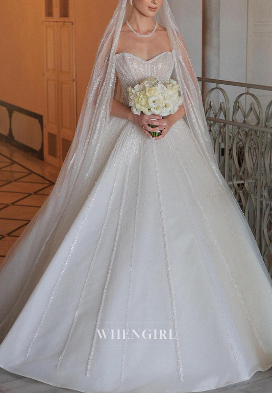 A-Line Sweetheart Beaded Sleeveless Wedding Dress with Veil