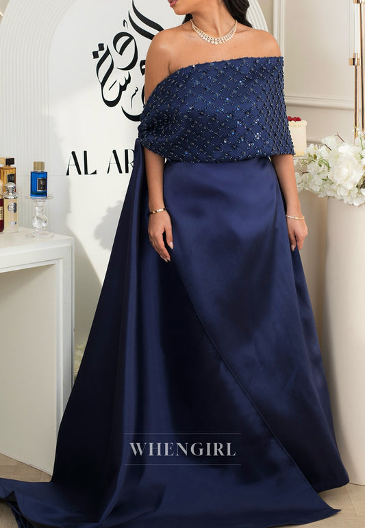 Navy Off Shoulder Beaded Sleeveless Satin A-Line Evening Formal Dress