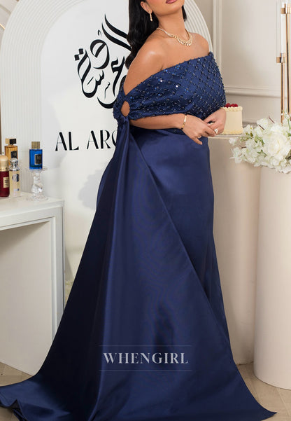 Navy Off Shoulder Beaded Sleeveless Satin A-Line Evening Formal Dress