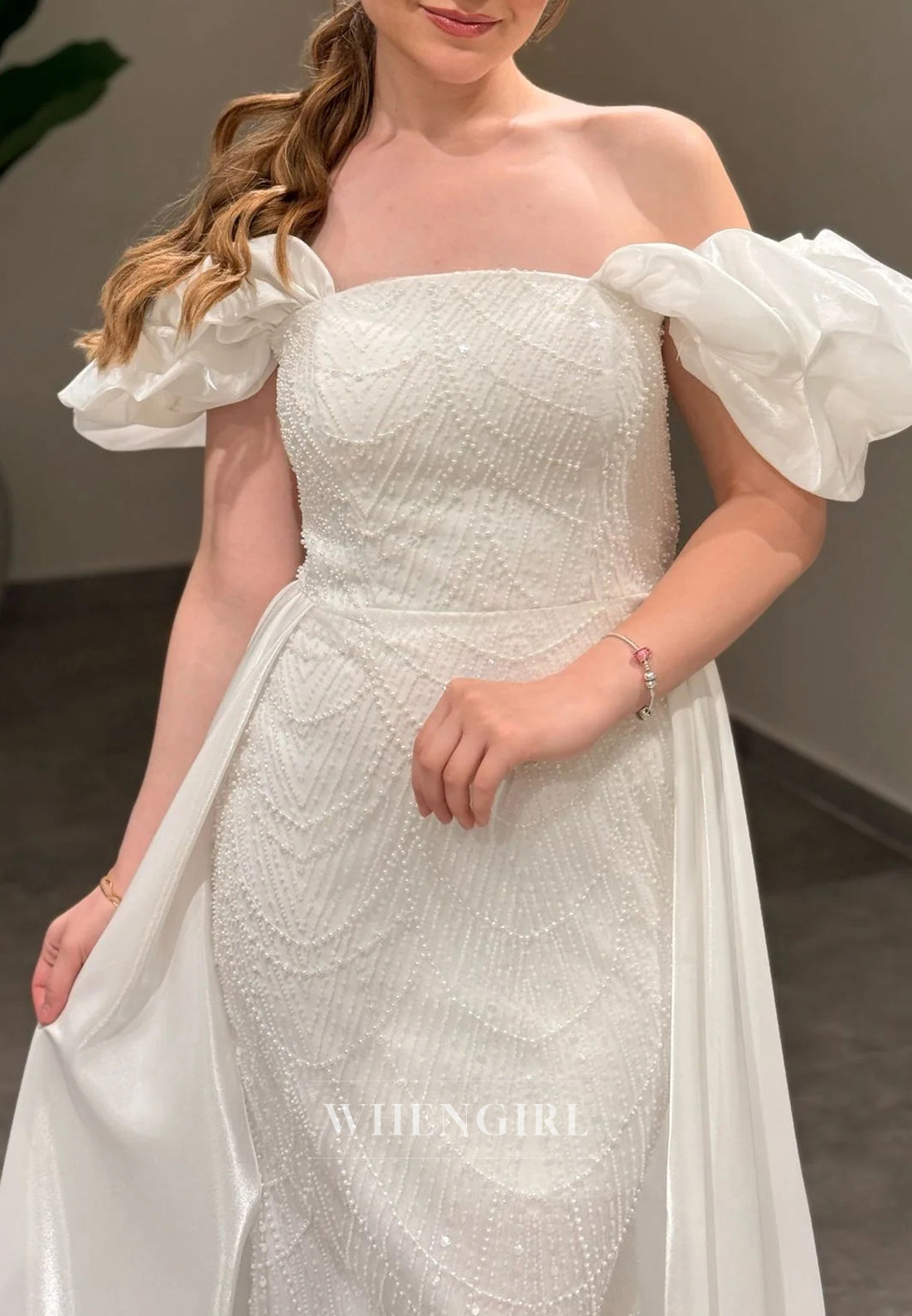 Sheath Off Shoulder Lace Up Beaded Puff Sleeves Evening Formal Gown with Train