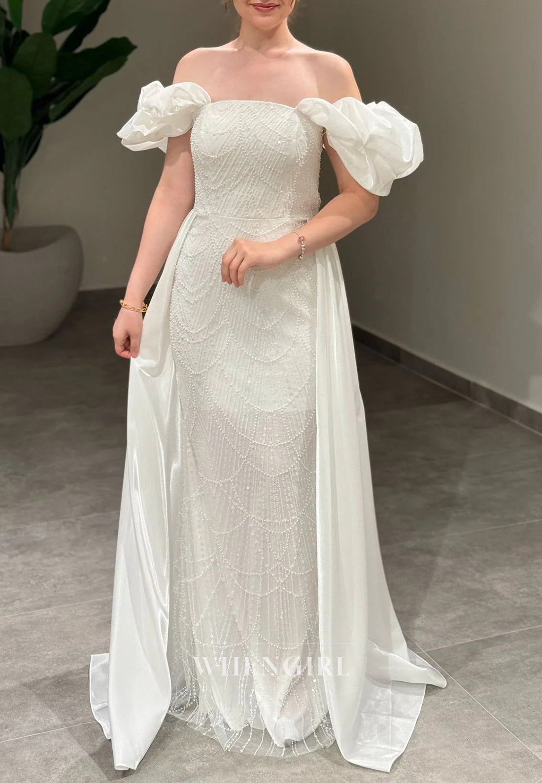 Sheath Off Shoulder Lace Up Beaded Puff Sleeves Evening Formal Gown with Train