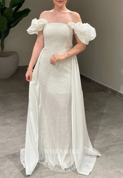 Sheath Off Shoulder Lace Up Beaded Puff Sleeves Evening Formal Gown with Train