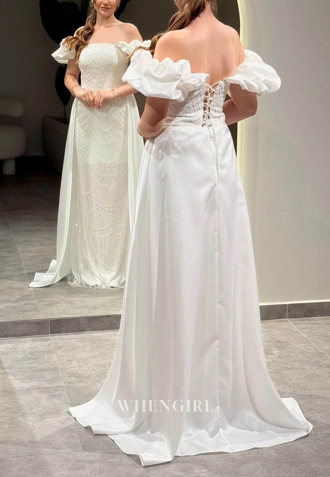 Sheath Off Shoulder Lace Up Beaded Puff Sleeves Evening Formal Gown with Train