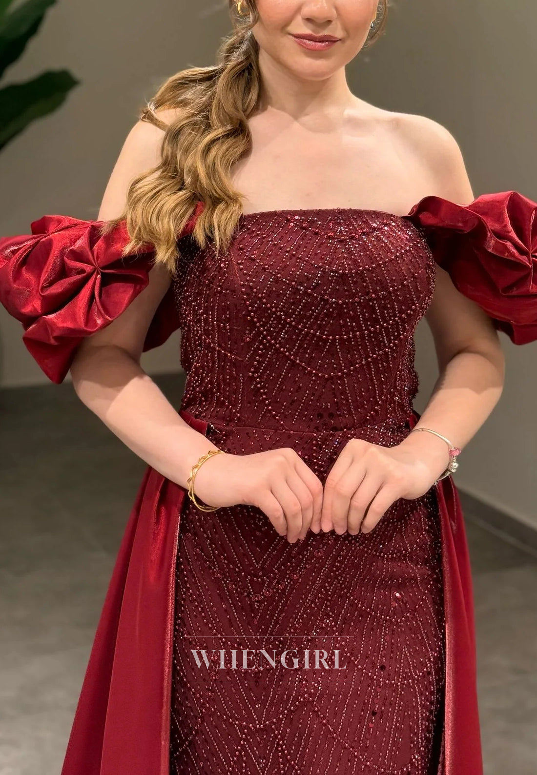 Sheath Off Shoulder Lace Up Beaded Puff Sleeves Evening Formal Gown with Train