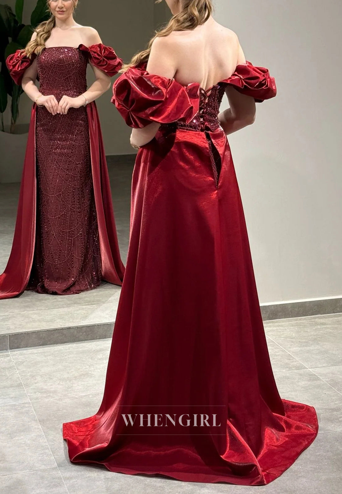 Sheath Off Shoulder Lace Up Beaded Puff Sleeves Evening Formal Gown with Train