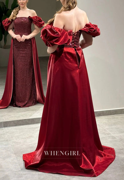 Sheath Off Shoulder Lace Up Beaded Puff Sleeves Evening Formal Gown with Train