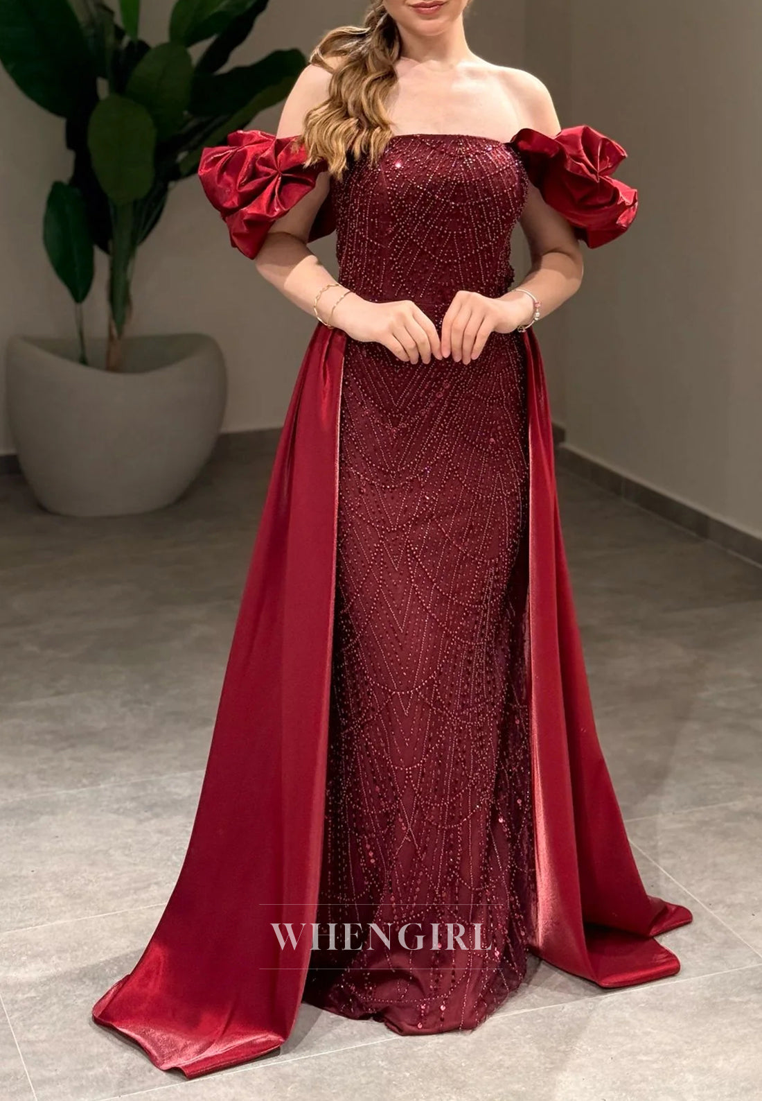 Sheath Off Shoulder Lace Up Beaded Puff Sleeves Evening Formal Gown with Train