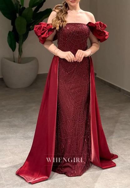 Sheath Off Shoulder Lace Up Beaded Puff Sleeves Evening Formal Gown with Train