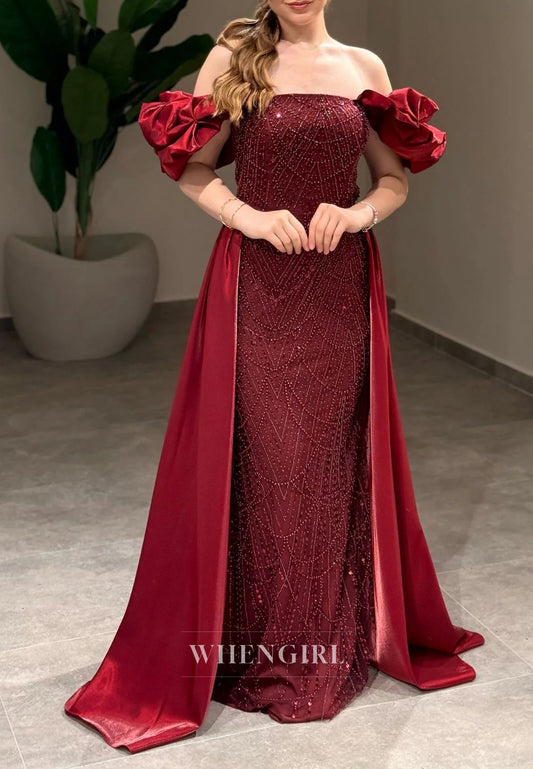 Sheath Off Shoulder Lace Up Beaded Puff Sleeves Evening Formal Gown with Train
