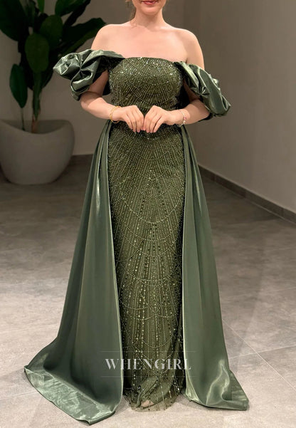 Sheath Off Shoulder Lace Up Beaded Puff Sleeves Evening Formal Gown with Train