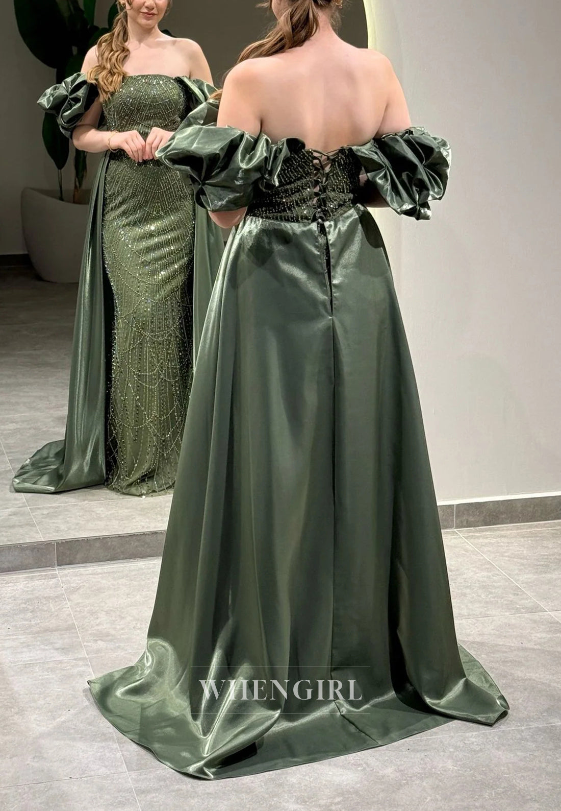 Sheath Off Shoulder Lace Up Beaded Puff Sleeves Evening Formal Gown with Train