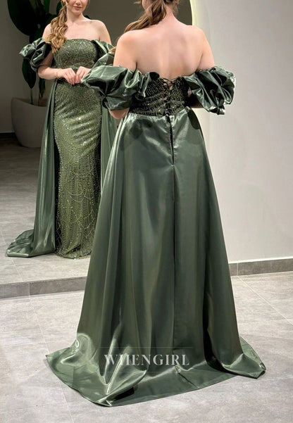 Sheath Off Shoulder Lace Up Beaded Puff Sleeves Evening Formal Gown with Train