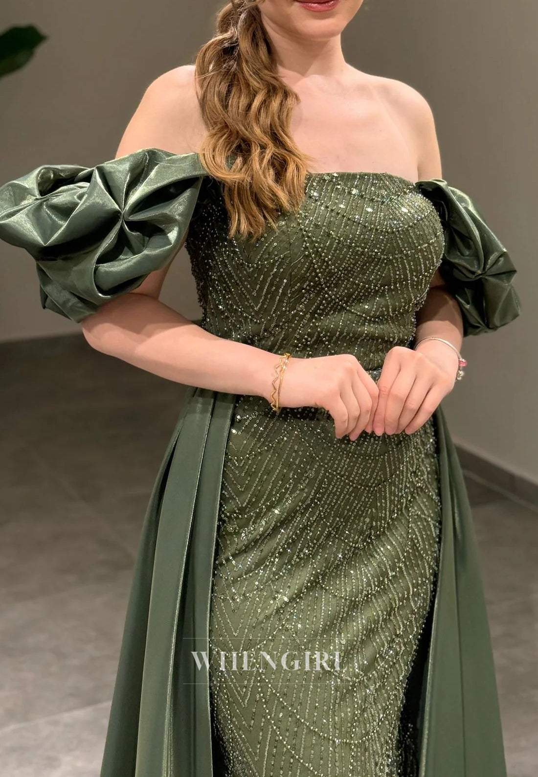 Sheath Off Shoulder Lace Up Beaded Puff Sleeves Evening Formal Gown with Train