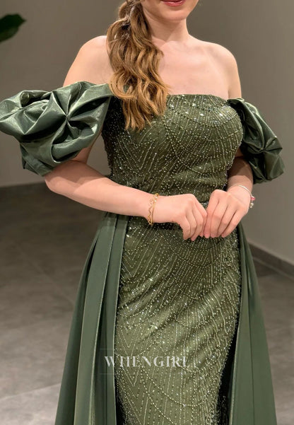 Sheath Off Shoulder Lace Up Beaded Puff Sleeves Evening Formal Gown with Train