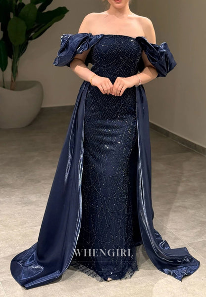 Sheath Off Shoulder Lace Up Beaded Puff Sleeves Evening Formal Gown with Train