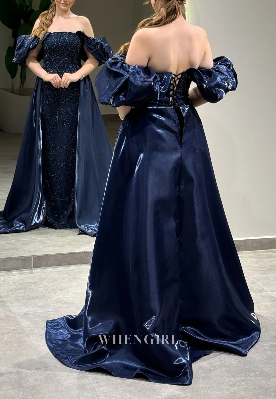 Sheath Off Shoulder Lace Up Beaded Puff Sleeves Evening Formal Gown with Train