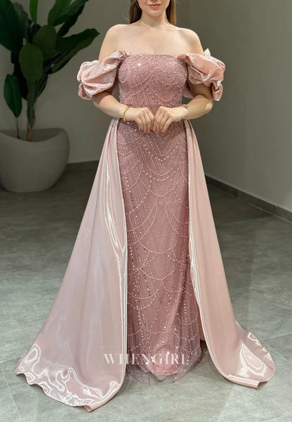 Sheath Off Shoulder Lace Up Beaded Puff Sleeves Evening Formal Gown with Train