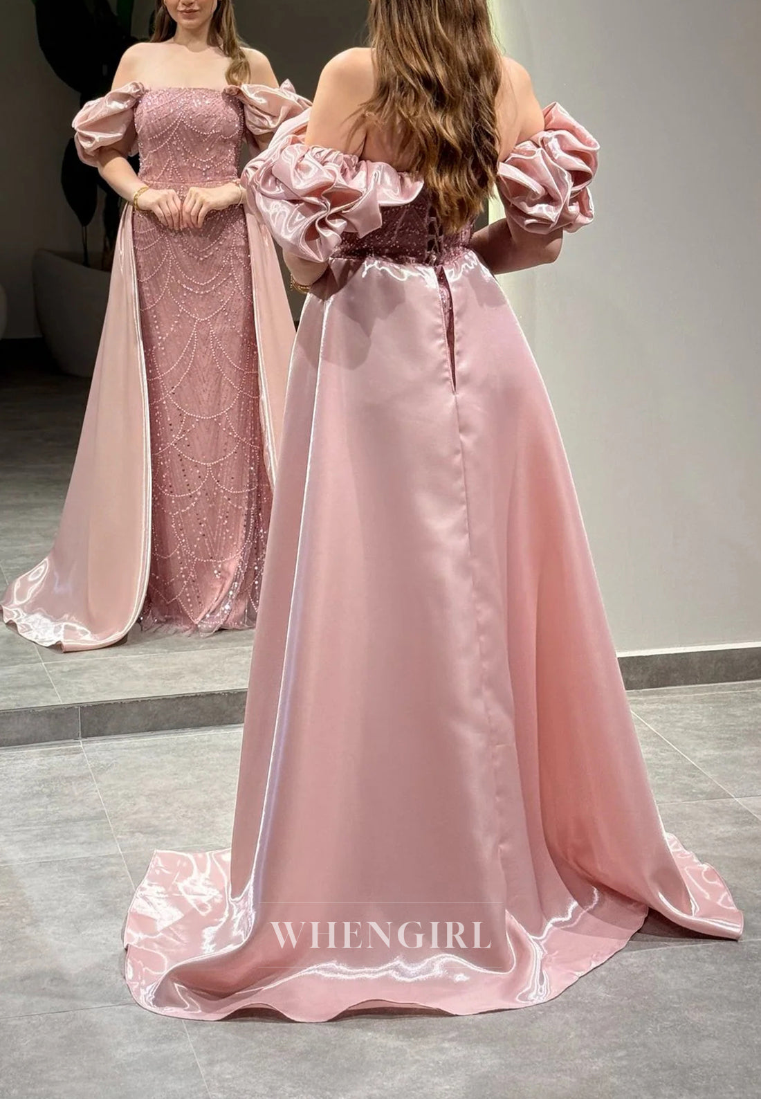 Sheath Off Shoulder Lace Up Beaded Puff Sleeves Evening Formal Gown with Train