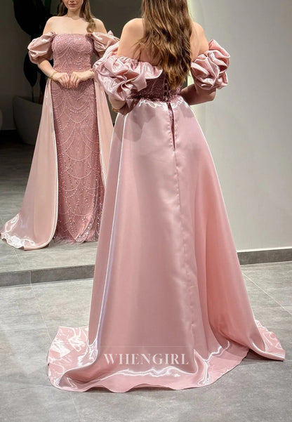 Sheath Off Shoulder Lace Up Beaded Puff Sleeves Evening Formal Gown with Train