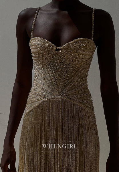Gold Sweetheart Spaghetti Straps Beaded Back Zipper Prom Party Dress
