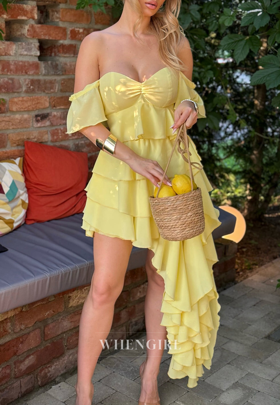 Daffodil Off Shoulder Flutter Sleeves High Low Ruffles A-Line Homecoming Dress