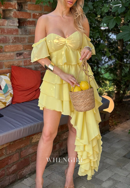 Daffodil Off Shoulder Flutter Sleeves High Low Ruffles A-Line Homecoming Dress