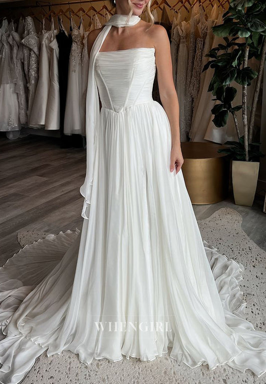 Strapless Pleated Side Slit Chiffon Sweep Train A-Line Beach Wedding Dress with Ribbon