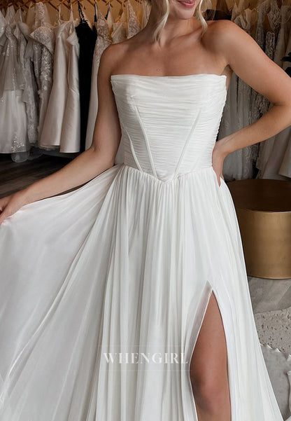 Strapless Pleated Side Slit Chiffon Sweep Train A-Line Beach Wedding Dress with Ribbon
