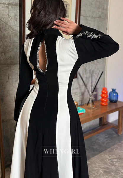 Black and White V Neck Beaded Long Sleeves A-Line Evening Gown