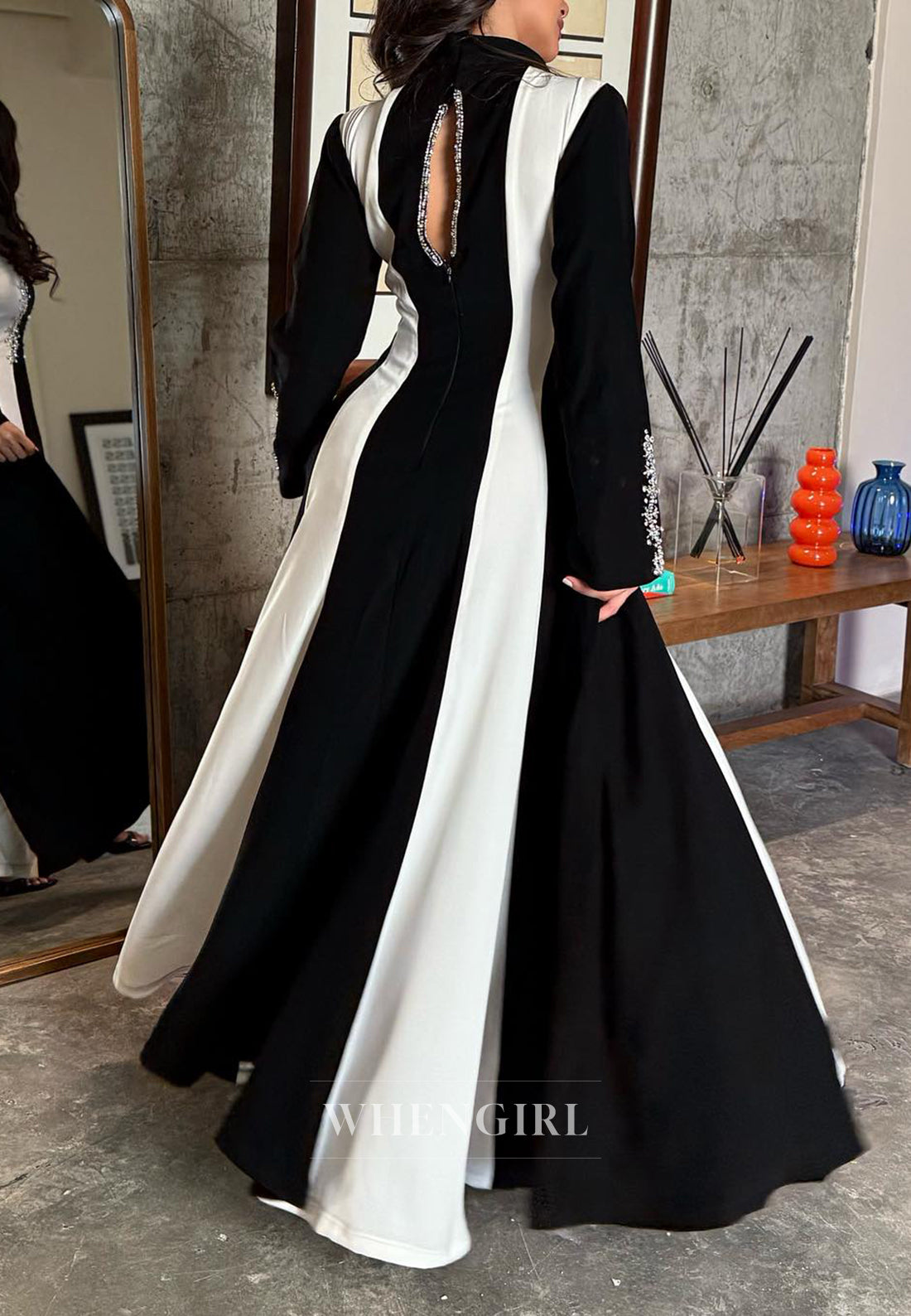 Black and White V Neck Beaded Long Sleeves A-Line Evening Gown