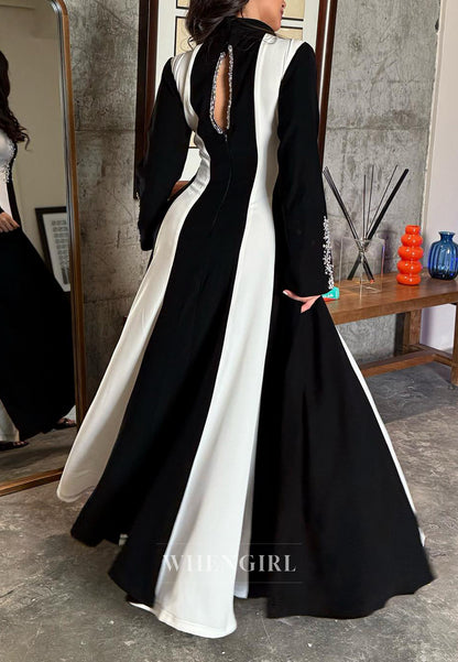 Black and White V Neck Beaded Long Sleeves A-Line Evening Gown