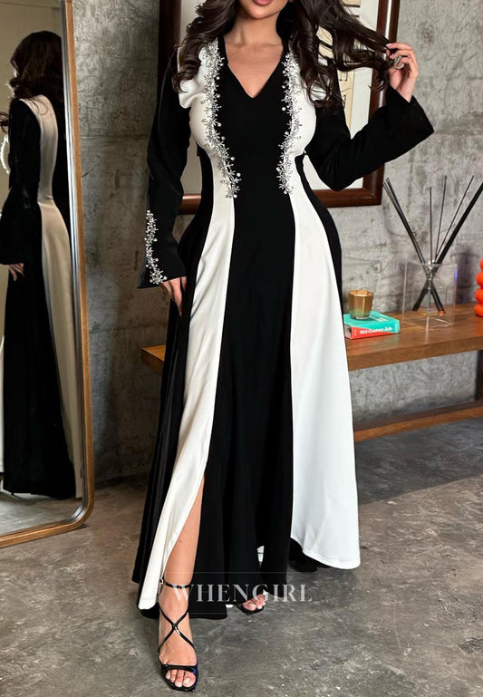 Black and White V Neck Beaded Long Sleeves A-Line Evening Gown