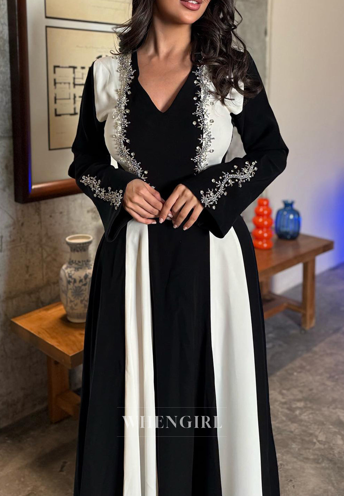 Black and White V Neck Beaded Long Sleeves A-Line Evening Gown
