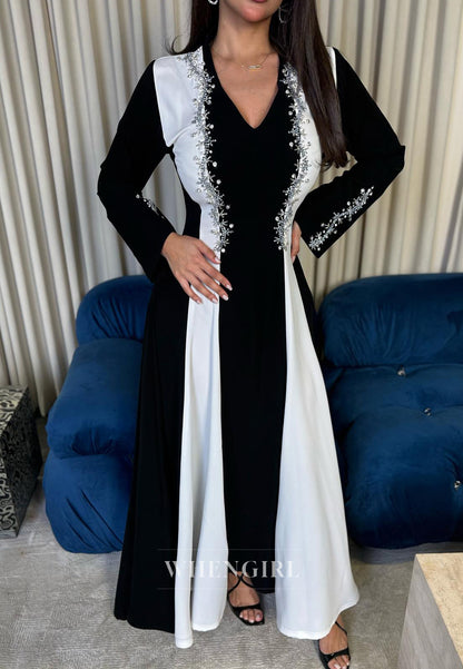 Black and White V Neck Beaded Long Sleeves A-Line Evening Gown