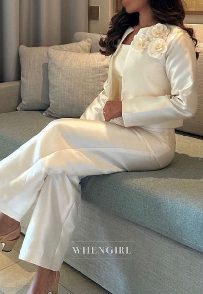 Jumpsuit Long Sleeves Bateau Neck 3D Flowers Satin Wedding Dress