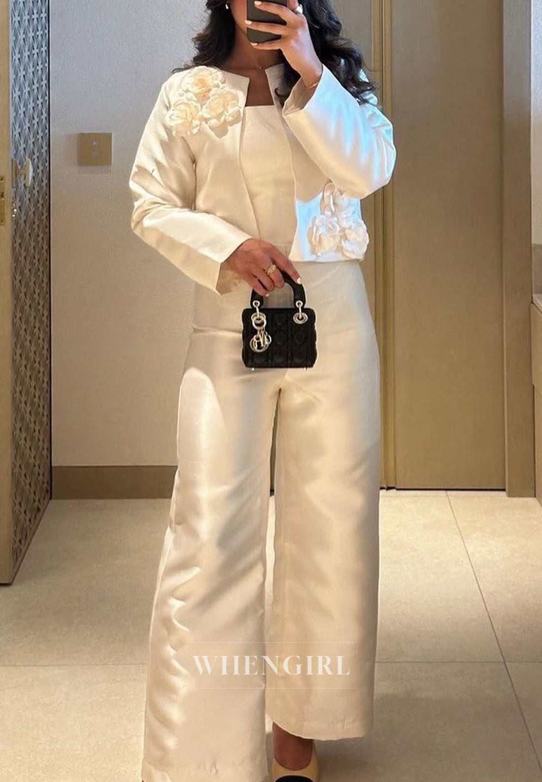 Jumpsuit Long Sleeves Bateau Neck 3D Flowers Satin Wedding Dress