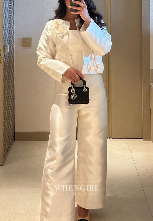 Jumpsuit Long Sleeves Bateau Neck 3D Flowers Satin Wedding Dress