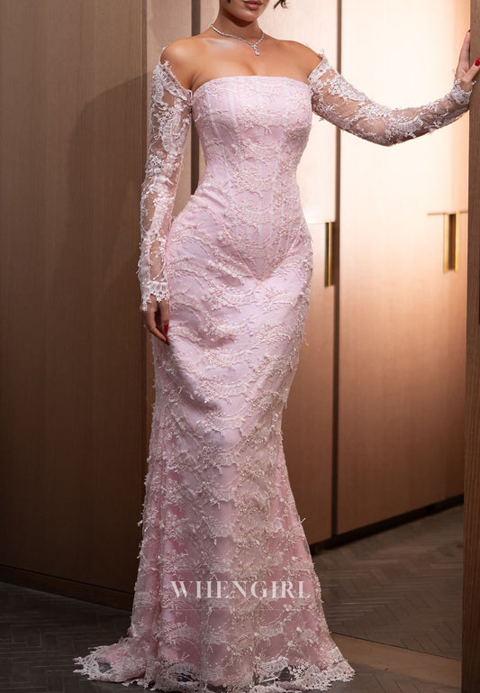 Pink Mermaid Long Sleeves Lace Floor Length Formal Evening Gown