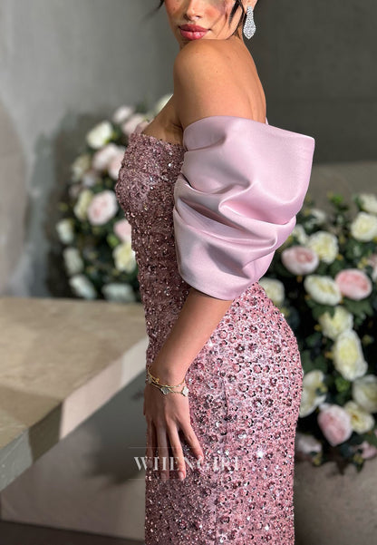 Blushing Pink Off Shoulder Beaded Evening Gown Floor Length Column Formal Gown
