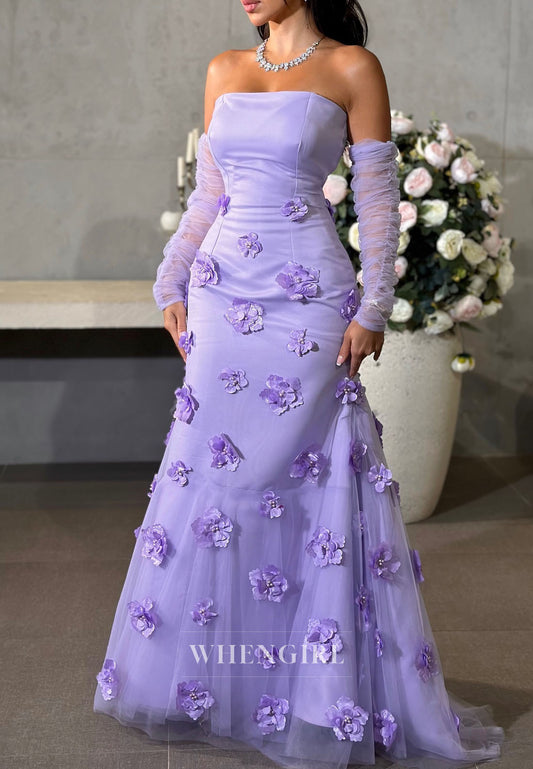 Sheath Tube Top Long Sleeves Floral Evening Dress Back Zipper Sweep Train Formal Dress