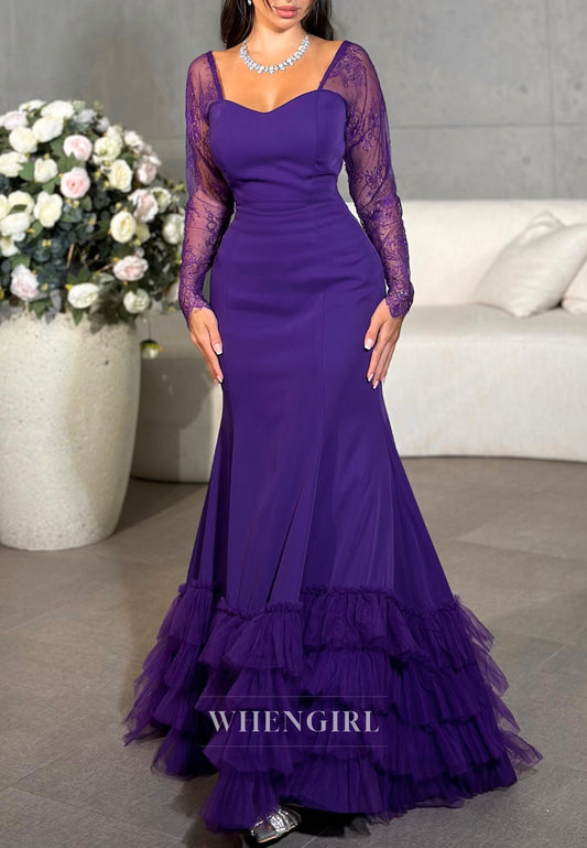Regency V Neck Long Sleeves Formal Dress Multi Tiered Back Zipper Mermaid Evening Gown