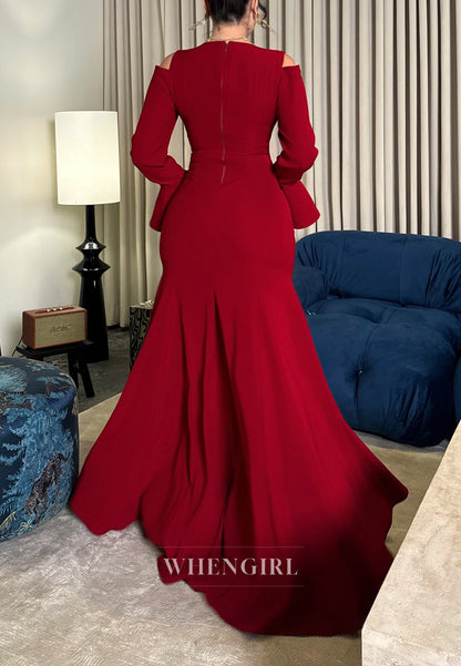 Burgundy Long Sleeves Bateau Neck Mermaid Evening Formal Dress