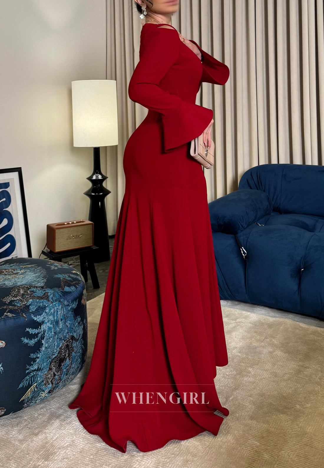 Burgundy Long Sleeves Bateau Neck Mermaid Evening Formal Dress