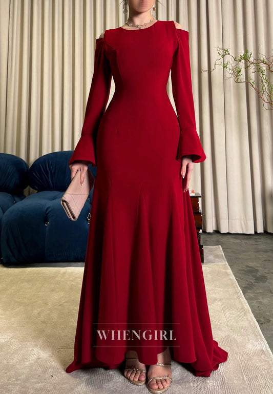 Burgundy Long Sleeves Bateau Neck Mermaid Evening Formal Dress