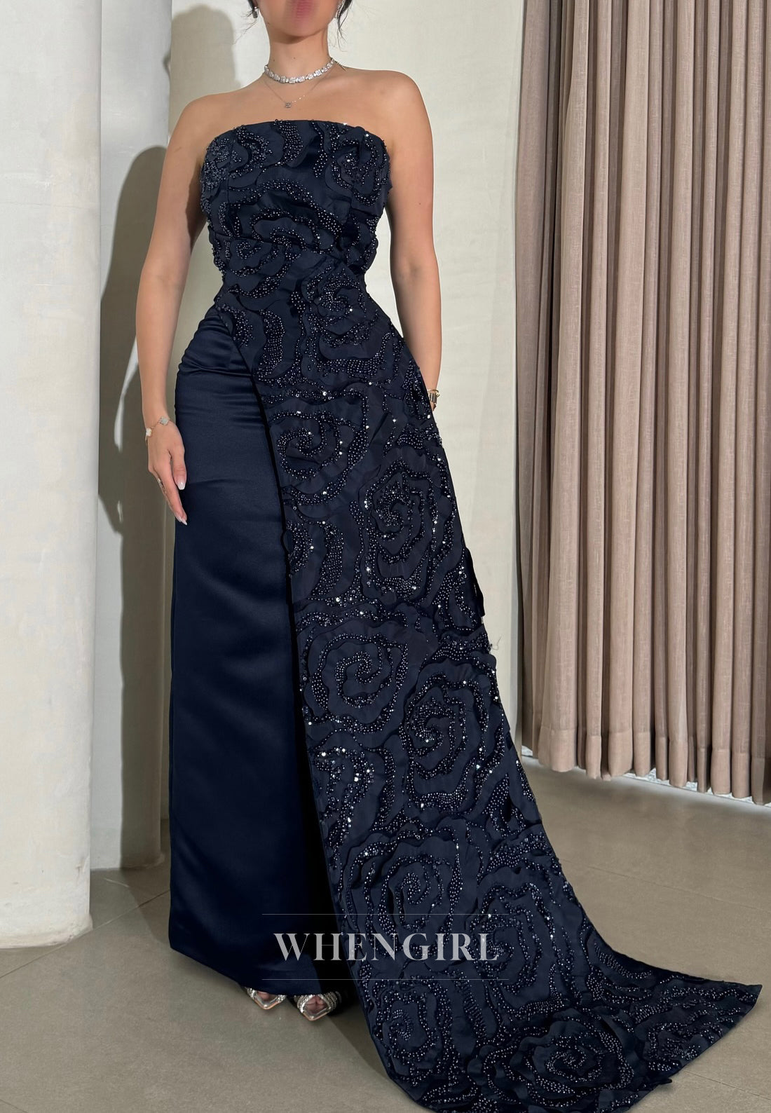 Navy Tube Top Sleeveless Floral Beaded Sheath Evening Formal Dress