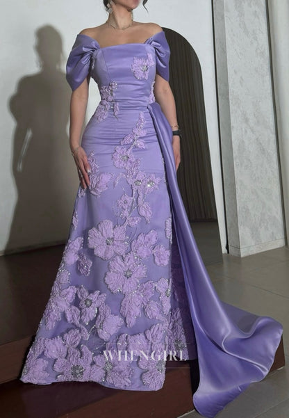 Violet Square Neck Short Sleeves Beaded Flowers Mermaid Evening Formal Dress