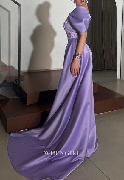 Violet Square Neck Short Sleeves Beaded Flowers Mermaid Evening Formal Dress