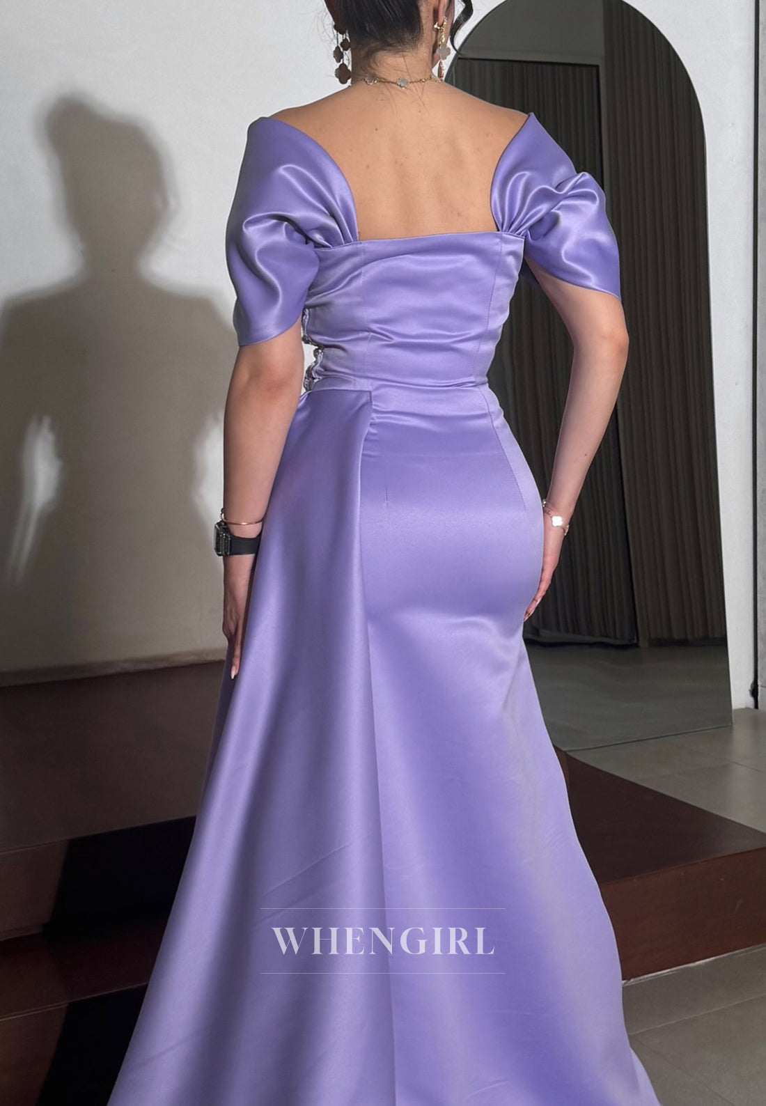 Violet Square Neck Short Sleeves Beaded Flowers Mermaid Evening Formal Dress