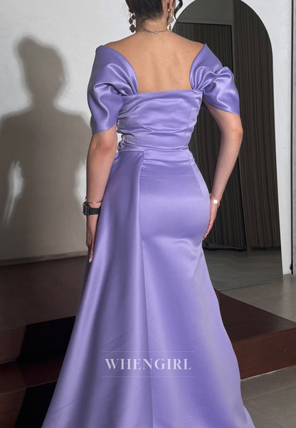 Violet Square Neck Short Sleeves Beaded Flowers Mermaid Evening Formal Dress