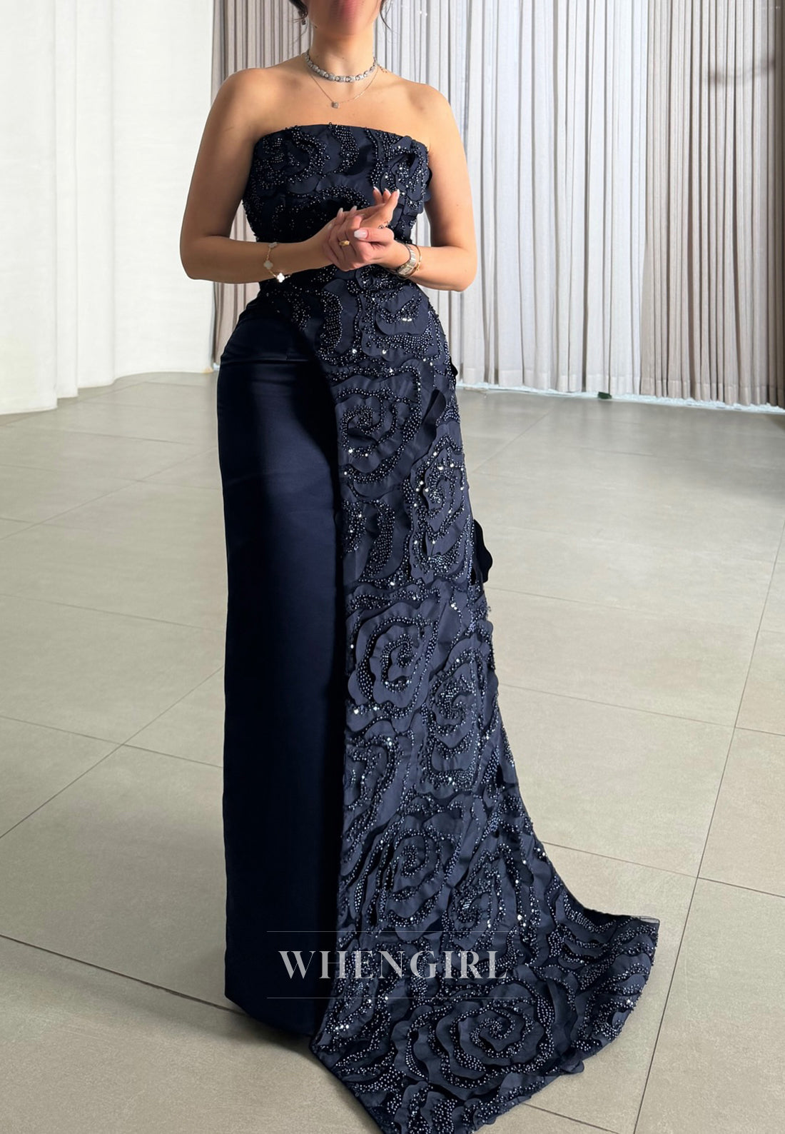 Navy Tube Top Sleeveless Floral Beaded Sheath Evening Formal Dress